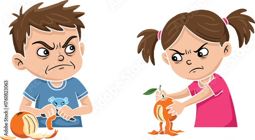 Angry children peeling oranges, cartoon boy and girl, emotional fruit moment, funny kids illustration, expressive faces, orange peel frustration