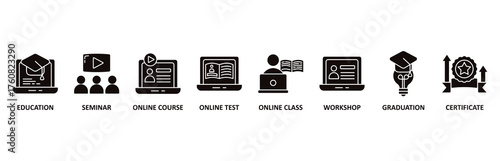 Online training icon set vector illustration for education, seminar, online course, online test, online class, workshop, graduation, certification�