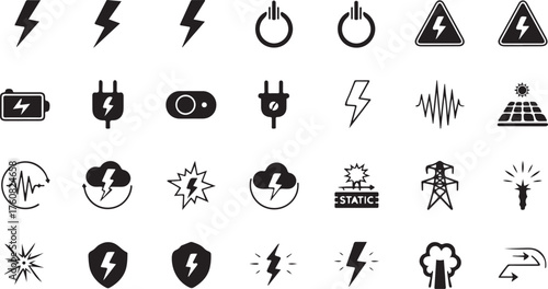 Collection of Black and White Energy Related Icons Representing Power Generation and Consumption Concepts for Graphic Design and Web Development Projects