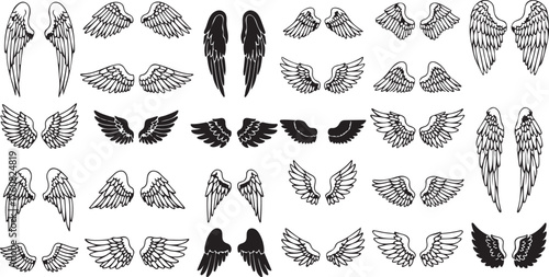 Diverse Collection of Angel and Bird Wings Black and White Vector Illustration for Design and Creativity projects and applications
