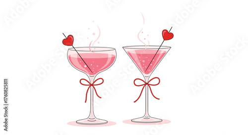 Two romantic pink cocktails with heart garnishes and bows.