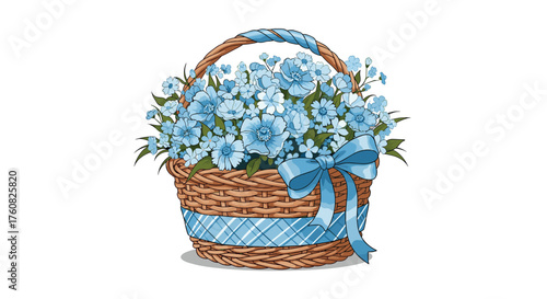 A charming woven basket overflowing with delicate blue flowers tied with a ribbon.