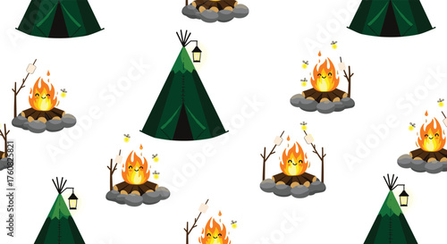 Cute camping tent and campfire seamless pattern.