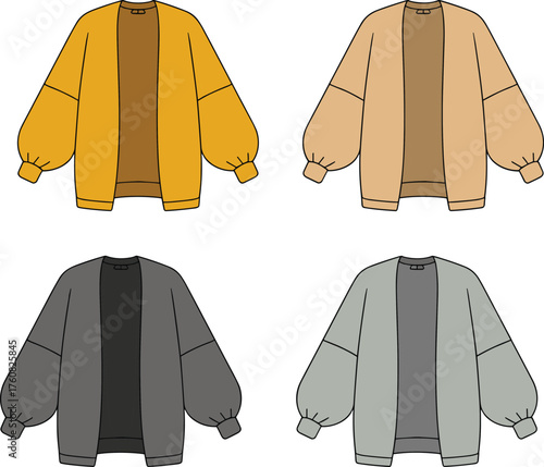 Balloon sleeve cardigan sketch, fashion cad drawing, flat vector illustration, open front, layered style, ribbed cuff, garment design