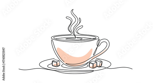 A minimalist sketch of a steaming cup of coffee with sugar cubes on a saucer.