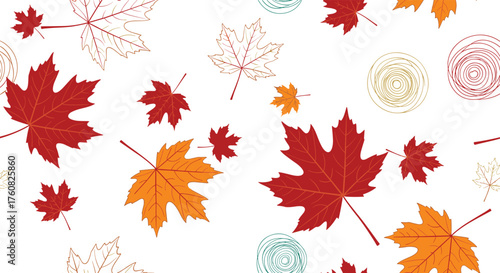 A seamless pattern of colorful falling maple leaves in autumn.