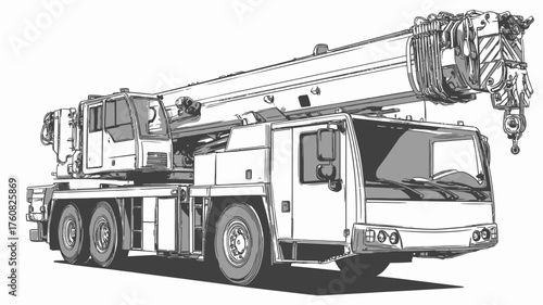 Detailed black and white illustration of a large mobile crane, heavy construction equipment for lifting, engineering, and industrial projects