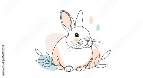 A delicate watercolor illustration of a cute fluffy rabbit surrounded by soft pastel shapes and leaves.