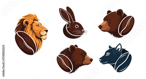 Creative animal faces blended with coffee beans.