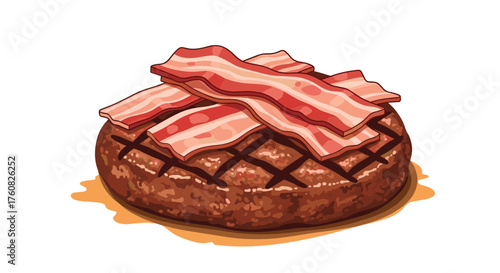 A grilled burger patty topped with several slices of crispy bacon.
