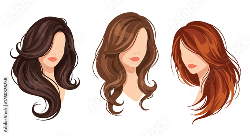 Three women with long wavy hairstyles and different hair colors.