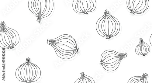 A collection of simple line drawings of onions scattered across a white background.