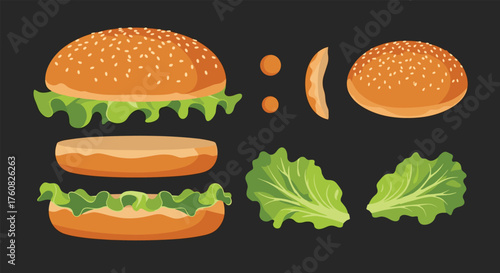 Assembled burger ingredients on a dark background with sesame seed buns lettuce and tomato slices.