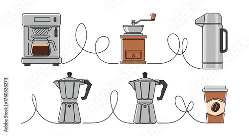 Collection of coffee brewing equipment and drinkware.