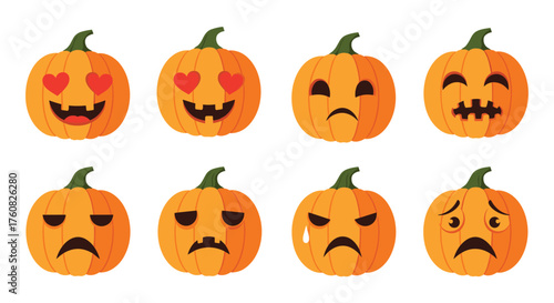 Eight different halloween pumpkin faces expressing various emotions.