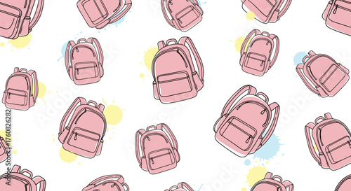 A charming pattern of pink backpacks with colorful splatters.