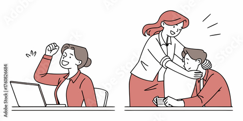 Simple line art illustration of a person working on a computer and a praising supervisor. Desk work.