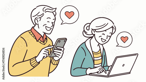 A simple illustration of an elderly people happily operating an electronic device. Vintage. Middle-aged man. Smartphone. Tablet. App. Stocks. Gambling.