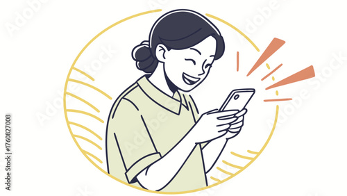 Young person happily using a smartphone. SNS. Communication.