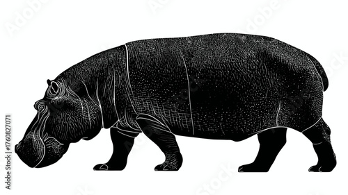 Detailed black hippopotamus silhouette illustration, walking side view, isolated on white. African wildlife vector graphic, large mammal.