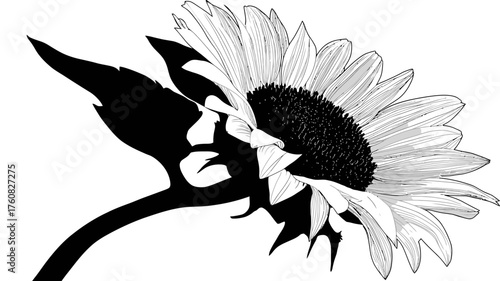 Detailed black and white illustration of a sunflower. Intricate line art botanical drawing of a blooming floral plant with textured petals and dark center.