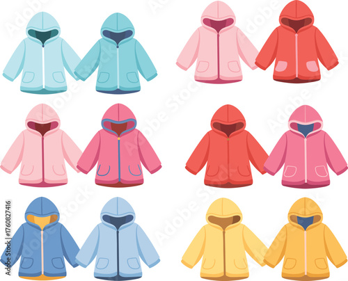 Hooded jacket sketch, fashion cad drawing, flat vector illustration, zipper front, pocket detail, color variation, front and back view, garment design