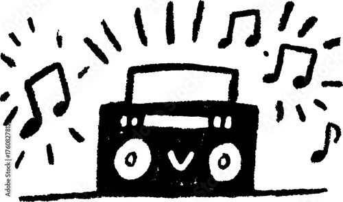 Retro radio with sound waves and music notes. Simple black and white vector illustration for creative designs in a set.