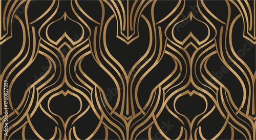 Seamless art deco pattern with golden lines on, elegant and luxurious design for wallpaper, textile, or backdrop, sophisticated and stylish