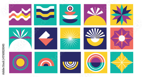 Geometric pattern with abstract shapes, creating a vibrant and modern design with a touch of retro flair and a playful composition