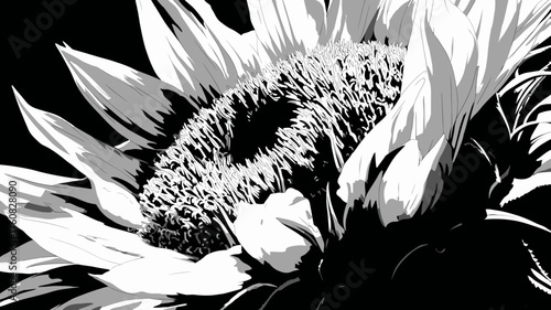 Dramatic monochrome close-up of a sunflower, featuring intricate petals and central disk, artistic black and white floral detail