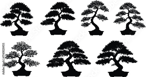 Bonsai tree silhouettes, Japanese garden icons, nature art, traditional pruning styles