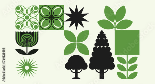 Collection of retro geometric shapes and trees, perfect for adding a touch of vintage charm to your designs with its green color