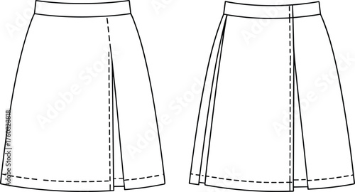 Skirt technical sketch, fashion cad drawing, flat vector illustration, A-line silhouette, pleat detail, hemline guide, garment construction, sewing pattern