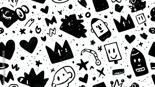 Abstract hand-drawn seamless doodle pattern with quirky faces, hearts, crowns, and stars. Playful grunge texture background.