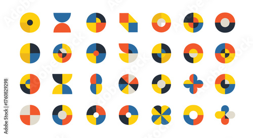 A colorful assortment of geometric shapes, each divided into segments of yellow, red, and blue, creates a visually striking and balanced composition