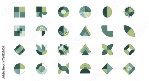 Collection of geometric shapes, featuring a harmonious blend of circles, squares, triangles, and abstract forms in a muted color palette