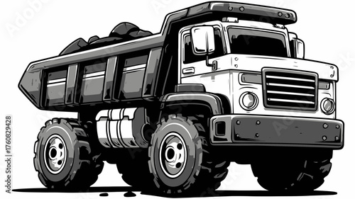 Heavy Duty Dump Truck Hauling Dirt Illustration, Construction Vehicle Black and White Vector Art, Industrial Machinery
