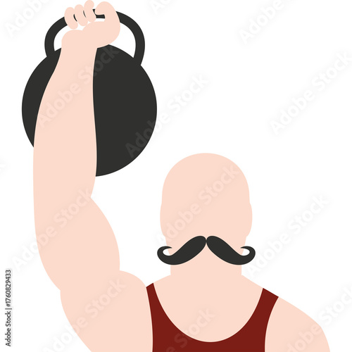 Bald Man With Large Mustache In A Red Tank Top Lifts A Black Kettlebell Overhead Against A White Background Demonstrating Strength And Power