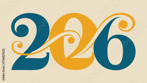 Decorative number two thousand and twenty six in blue and yellow hues background design