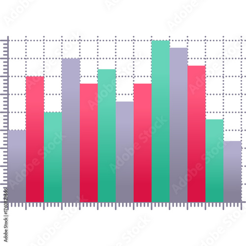 Bar chart with alternating red and teal bars showcasing financial growth data against a white grid background with detailed scaling rulers on a transparent canvas