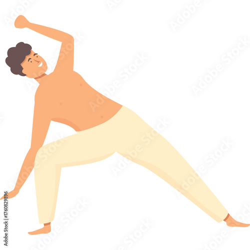 Bare chested man in cream colored yoga pants performs a side angle pose with right arm extended upwards and torso tilted right on a white background