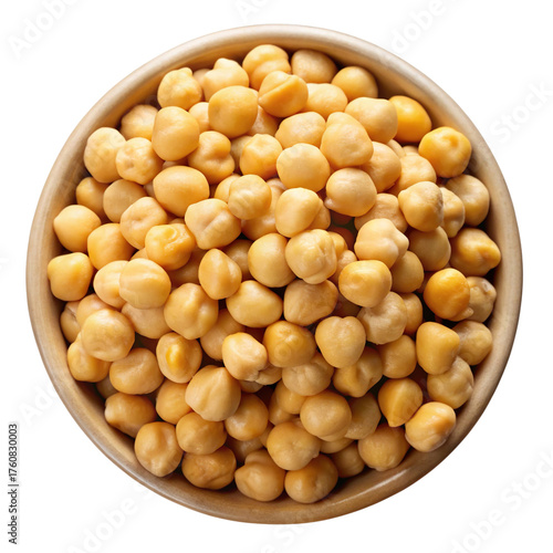 A bowl overflowing with dried chickpeas showing their round shape and light brown color isolated on transparent background
