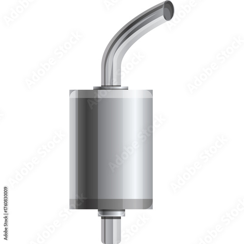 Automotive Muffler Exhaust System Component With Chrome Finish Showing Metallic Detail And Angled Pipe Against A White Background