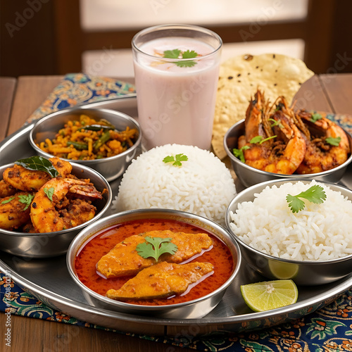 A vibrant Indian thali meal featuring fish curry, prawn fry, rice, vegetable stir-fry, papadum, and a pink lassi, served on a traditional metal platter.