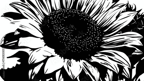 Monochrome Sunflower Vector Illustration. Detailed Black and White Floral Graphic Design with High Contrast. Botanical Art.