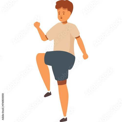 Athletic Young Man With Brown Hair Performing High Knee Exercise With Tan T Shirt And Dark Blue Shorts On White Transparent Background Dynamic Motion
