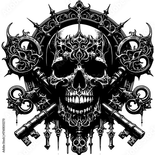 Guardian of Secrets: A macabre emblem featuring a detailed skull adorned with intricate embellishments and crossed keys, hinting at hidden truths and cryptic knowledge. 