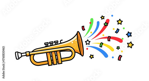 Cartoon Trumpet with Confetti and Stars Celebrating a Festive Event.