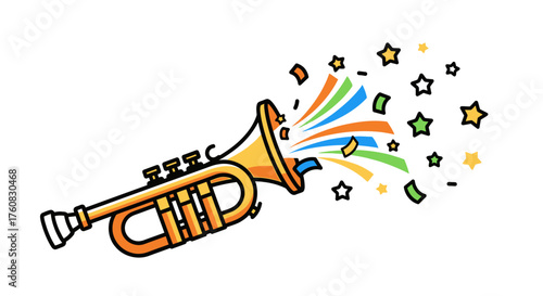 Cartoon Trumpet with Confetti and Stars Celebrating a Festive Occasion Vector Illustration.