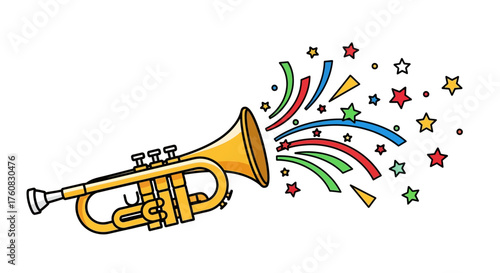 Cartoon Trumpet with Confetti and Stars Illustration.